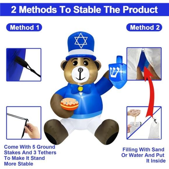 5 Ft Hanukkah Inflatable Outdoor Decor Bear Holds Dreidel Doughnut with Lights - Picture 4 of 6
